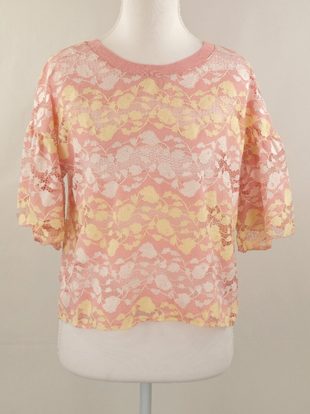Zara Floral Mesh Lace Puff Sleeve Top, Pink/Yellow, Small